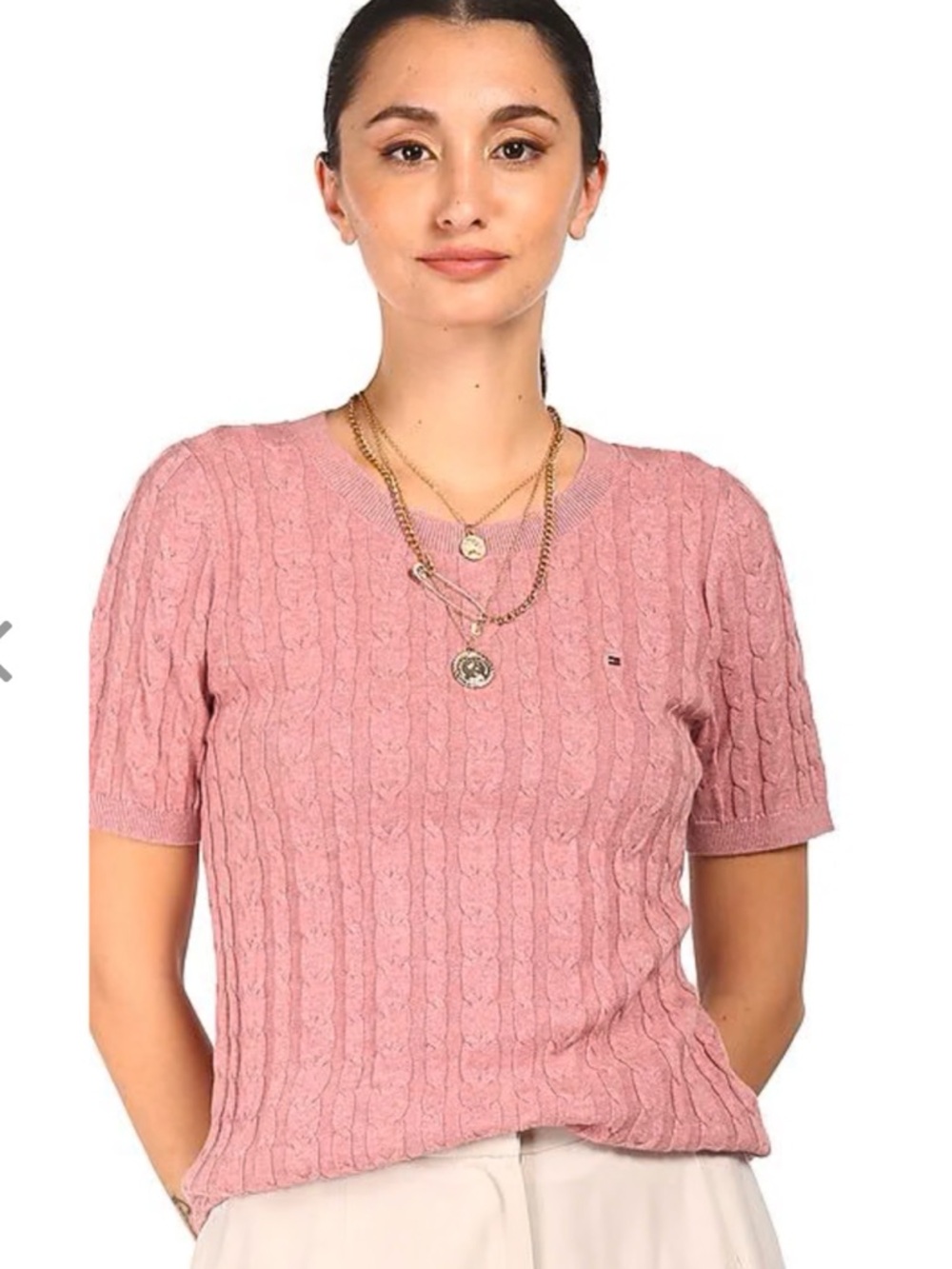*** Tommy Hilfger***  Dusty Rose Pink Cable Knit Short Sleeve Sweater Top -